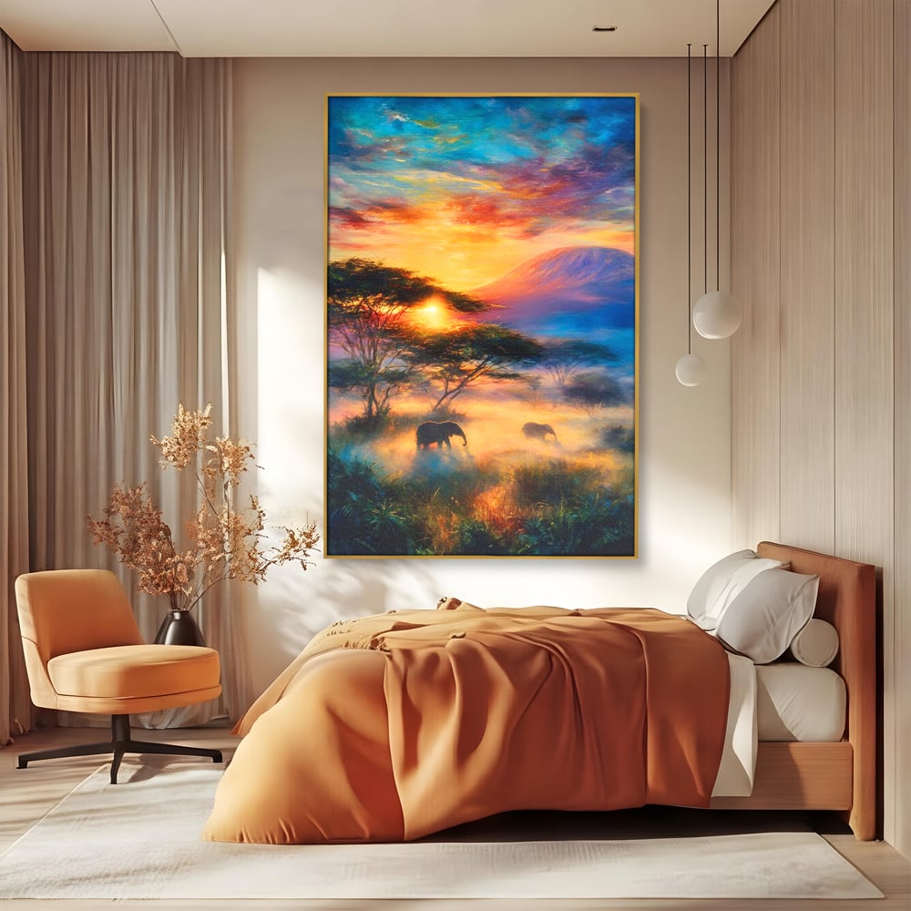 Tablou Canvas Premium, LuxCanva® M1488, Murmurul Savanei, Elefanti, Animale, Exotic, Tropical, Soare, Apus, Copaci, Natura, Dormitor, Birou, Living, Camera Copil