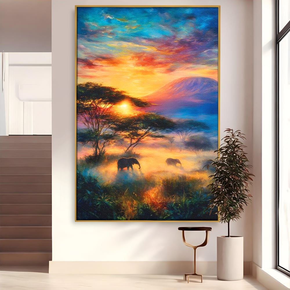 Tablou Canvas Premium, LuxCanva® M1488, Murmurul Savanei, Elefanti, Animale, Exotic, Tropical, Soare, Apus, Copaci, Natura, Dormitor, Birou, Living, Camera Copil