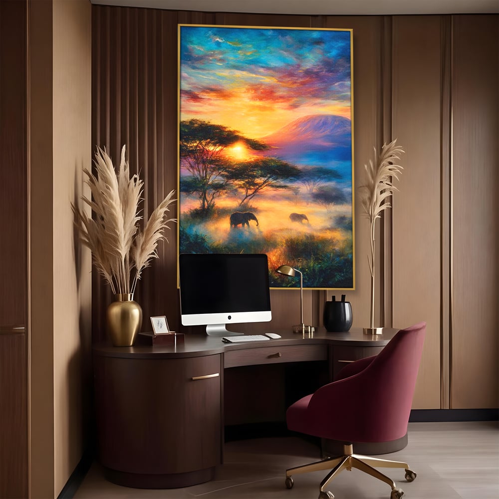 Tablou Canvas Premium, LuxCanva® M1488, Murmurul Savanei, Elefanti, Animale, Exotic, Tropical, Soare, Apus, Copaci, Natura, Dormitor, Birou, Living, Camera Copil