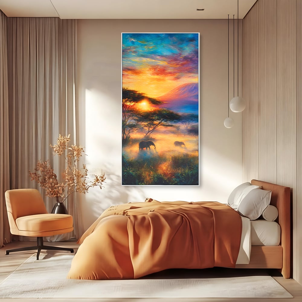 Tablou Canvas Premium, LuxCanva® M1488, Murmurul Savanei, Elefanti, Animale, Exotic, Tropical, Soare, Apus, Copaci, Natura, Dormitor, Birou, Living, Camera Copil