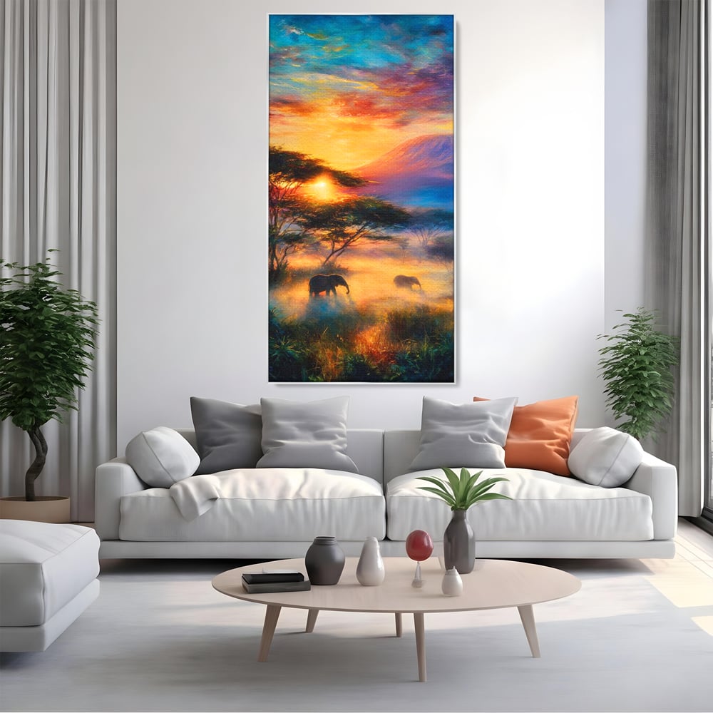 Tablou Canvas Premium, LuxCanva® M1488, Murmurul Savanei, Elefanti, Animale, Exotic, Tropical, Soare, Apus, Copaci, Natura, Dormitor, Birou, Living, Camera Copil