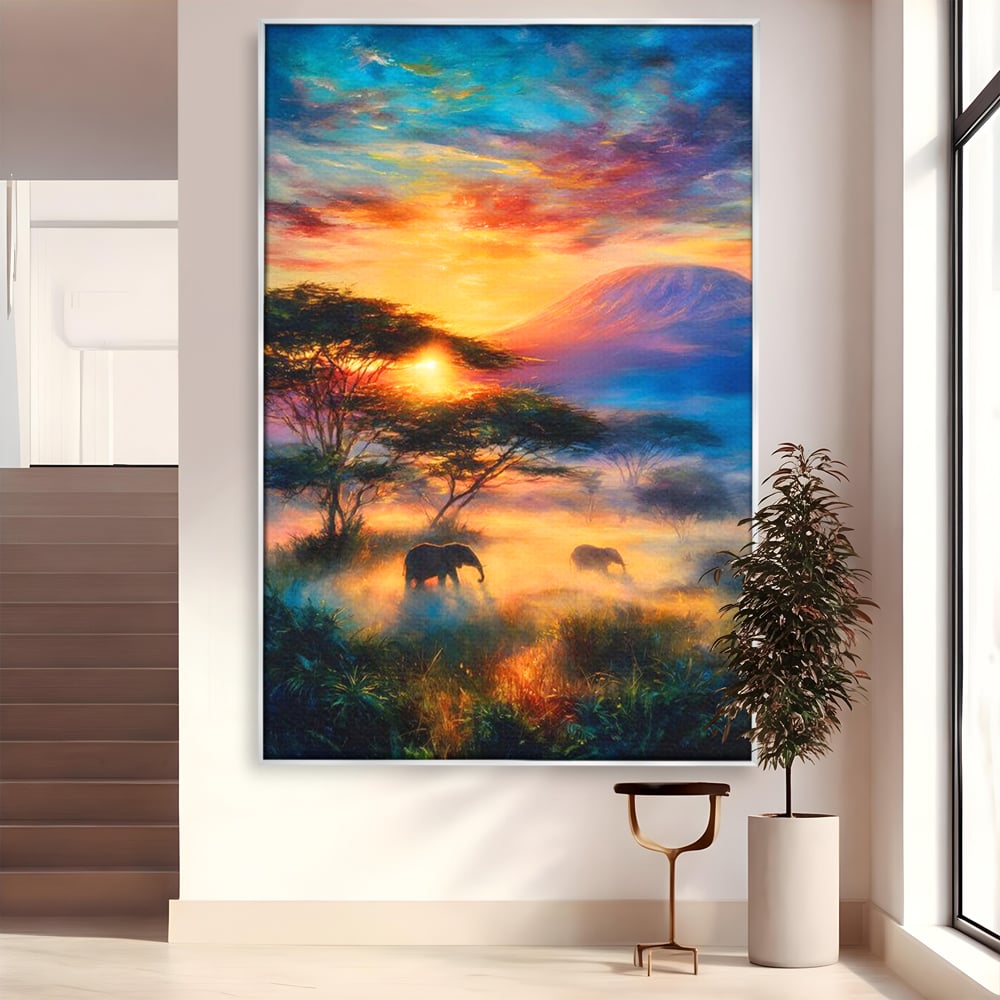 Tablou Canvas Premium, LuxCanva® M1488, Murmurul Savanei, Elefanti, Animale, Exotic, Tropical, Soare, Apus, Copaci, Natura, Dormitor, Birou, Living, Camera Copil