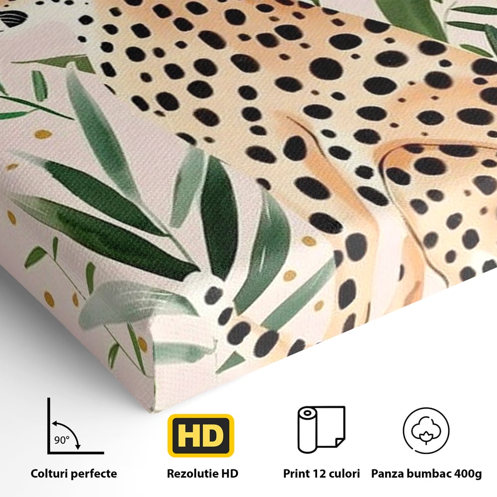 Tablou Canvas Premium, LuxCanva® M1491, Printre Petale si Vant, Leopard, Culori Pastelate, Eleganta, Tropical, Exotic, Jungla, Vegetatie, Dormitor, Birou, Living, Camera Copil