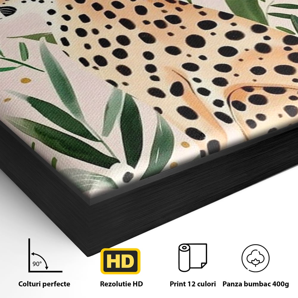 Tablou Canvas Premium, LuxCanva® M1491, Printre Petale si Vant, Leopard, Culori Pastelate, Eleganta, Tropical, Exotic, Jungla, Vegetatie, Dormitor, Birou, Living, Camera Copil