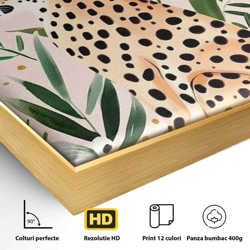 Tablou Canvas Premium, LuxCanva® M1491, Printre Petale si Vant, Leopard, Culori Pastelate, Eleganta, Tropical, Exotic, Jungla, Vegetatie, Dormitor, Birou, Living, Camera Copil