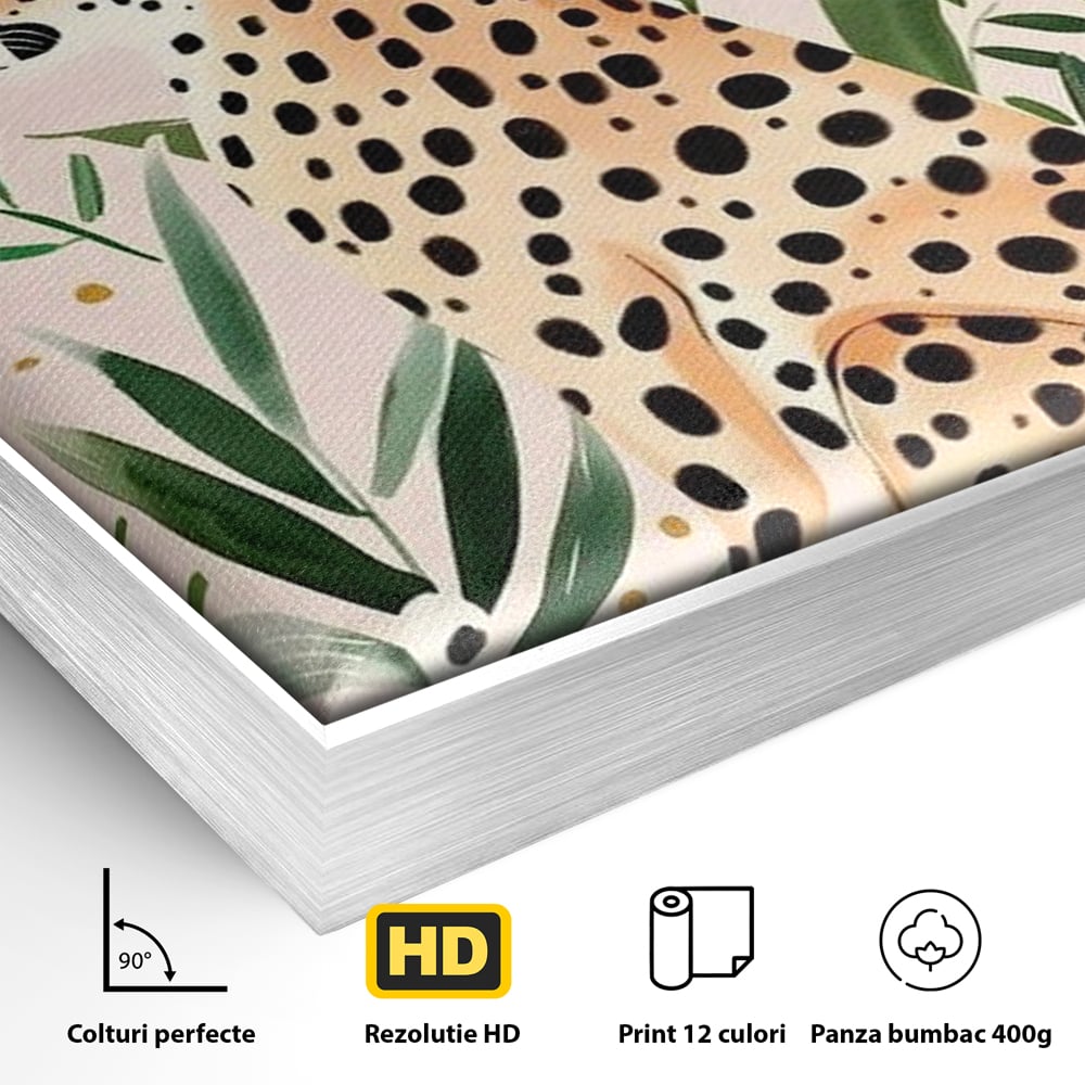 Tablou Canvas Premium, LuxCanva® M1491, Printre Petale si Vant, Leopard, Culori Pastelate, Eleganta, Tropical, Exotic, Jungla, Vegetatie, Dormitor, Birou, Living, Camera Copil