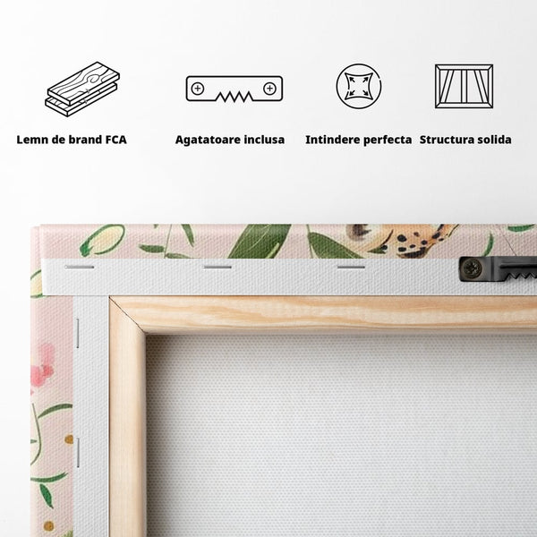 Tablou Canvas Premium, LuxCanva® M1491, Printre Petale si Vant, Leopard, Culori Pastelate, Eleganta, Tropical, Exotic, Jungla, Vegetatie, Dormitor, Birou, Living, Camera Copil