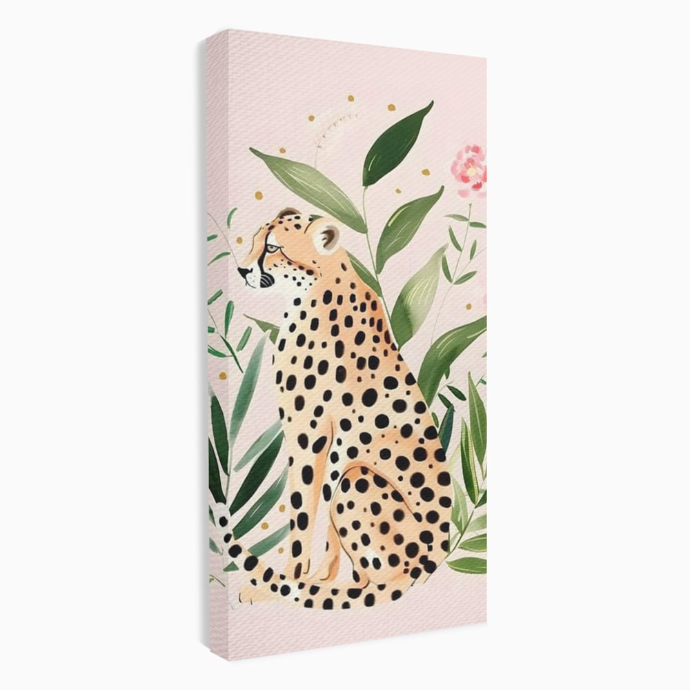Tablou Canvas Premium, LuxCanva® M1491, Printre Petale si Vant, Leopard, Culori Pastelate, Eleganta, Tropical, Exotic, Jungla, Vegetatie, Dormitor, Birou, Living, Camera Copil
