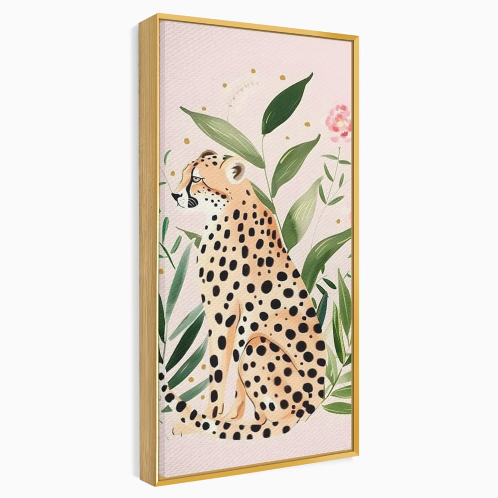 Tablou Canvas Premium, LuxCanva® M1491, Printre Petale si Vant, Leopard, Culori Pastelate, Eleganta, Tropical, Exotic, Jungla, Vegetatie, Dormitor, Birou, Living, Camera Copil