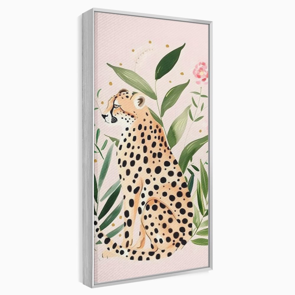 Tablou Canvas Premium, LuxCanva® M1491, Printre Petale si Vant, Leopard, Culori Pastelate, Eleganta, Tropical, Exotic, Jungla, Vegetatie, Dormitor, Birou, Living, Camera Copil