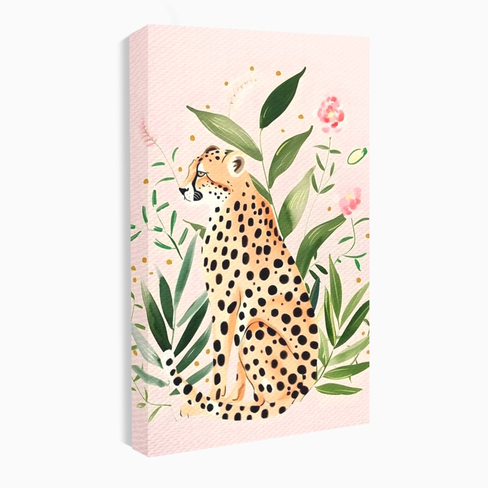 Tablou Canvas Premium, LuxCanva® M1491, Printre Petale si Vant, Leopard, Culori Pastelate, Eleganta, Tropical, Exotic, Jungla, Vegetatie, Dormitor, Birou, Living, Camera Copil