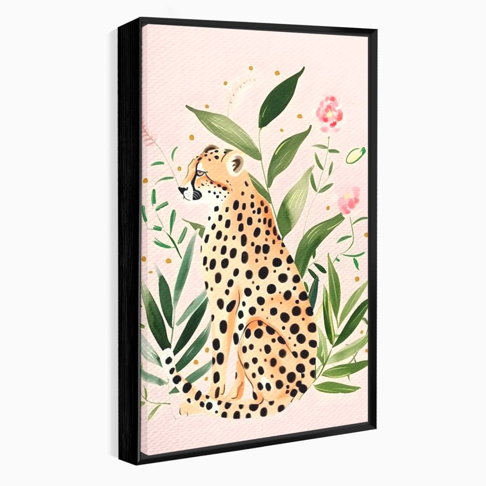 Tablou Canvas Premium, LuxCanva® M1491, Printre Petale si Vant, Leopard, Culori Pastelate, Eleganta, Tropical, Exotic, Jungla, Vegetatie, Dormitor, Birou, Living, Camera Copil