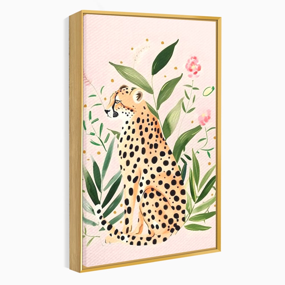 Tablou Canvas Premium, LuxCanva® M1491, Printre Petale si Vant, Leopard, Culori Pastelate, Eleganta, Tropical, Exotic, Jungla, Vegetatie, Dormitor, Birou, Living, Camera Copil