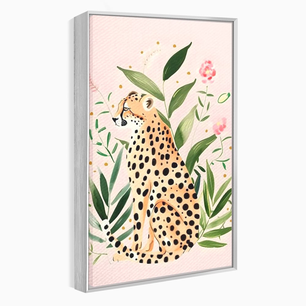 Tablou Canvas Premium, LuxCanva® M1491, Printre Petale si Vant, Leopard, Culori Pastelate, Eleganta, Tropical, Exotic, Jungla, Vegetatie, Dormitor, Birou, Living, Camera Copil