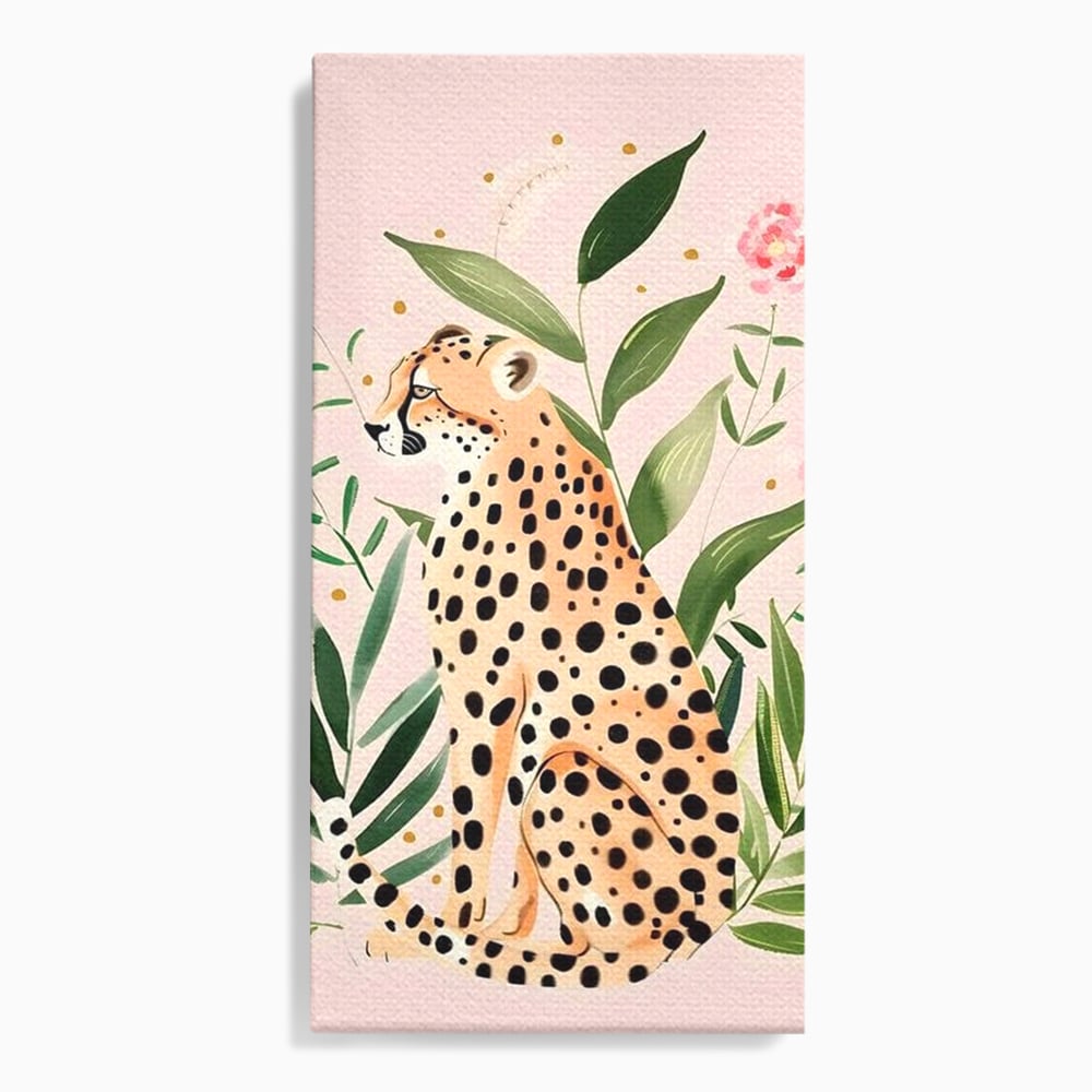 Tablou Canvas Premium, LuxCanva® M1491, Printre Petale si Vant, Leopard, Culori Pastelate, Eleganta, Tropical, Exotic, Jungla, Vegetatie, Dormitor, Birou, Living, Camera Copil