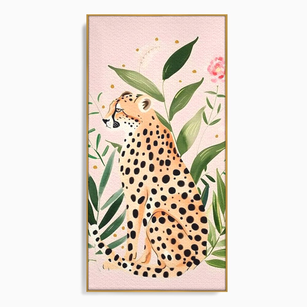 Tablou Canvas Premium, LuxCanva® M1491, Printre Petale si Vant, Leopard, Culori Pastelate, Eleganta, Tropical, Exotic, Jungla, Vegetatie, Dormitor, Birou, Living, Camera Copil