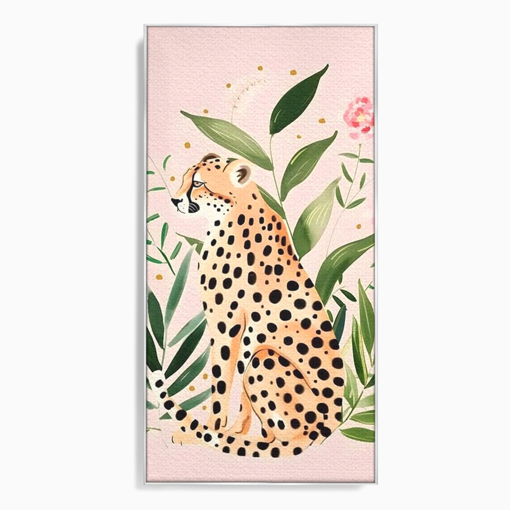 Tablou Canvas Premium, LuxCanva® M1491, Printre Petale si Vant, Leopard, Culori Pastelate, Eleganta, Tropical, Exotic, Jungla, Vegetatie, Dormitor, Birou, Living, Camera Copil