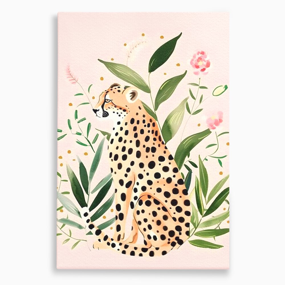 Tablou Canvas Premium, LuxCanva® M1491, Printre Petale si Vant, Leopard, Culori Pastelate, Eleganta, Tropical, Exotic, Jungla, Vegetatie, Dormitor, Birou, Living, Camera Copil