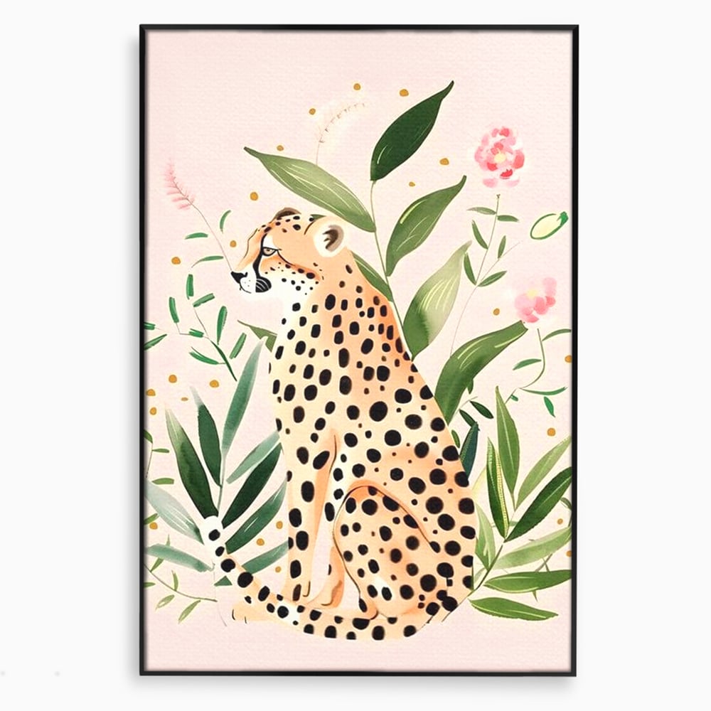 Tablou Canvas Premium, LuxCanva® M1491, Printre Petale si Vant, Leopard, Culori Pastelate, Eleganta, Tropical, Exotic, Jungla, Vegetatie, Dormitor, Birou, Living, Camera Copil