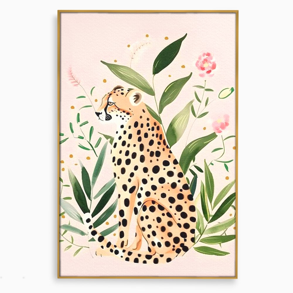 Tablou Canvas Premium, LuxCanva® M1491, Printre Petale si Vant, Leopard, Culori Pastelate, Eleganta, Tropical, Exotic, Jungla, Vegetatie, Dormitor, Birou, Living, Camera Copil