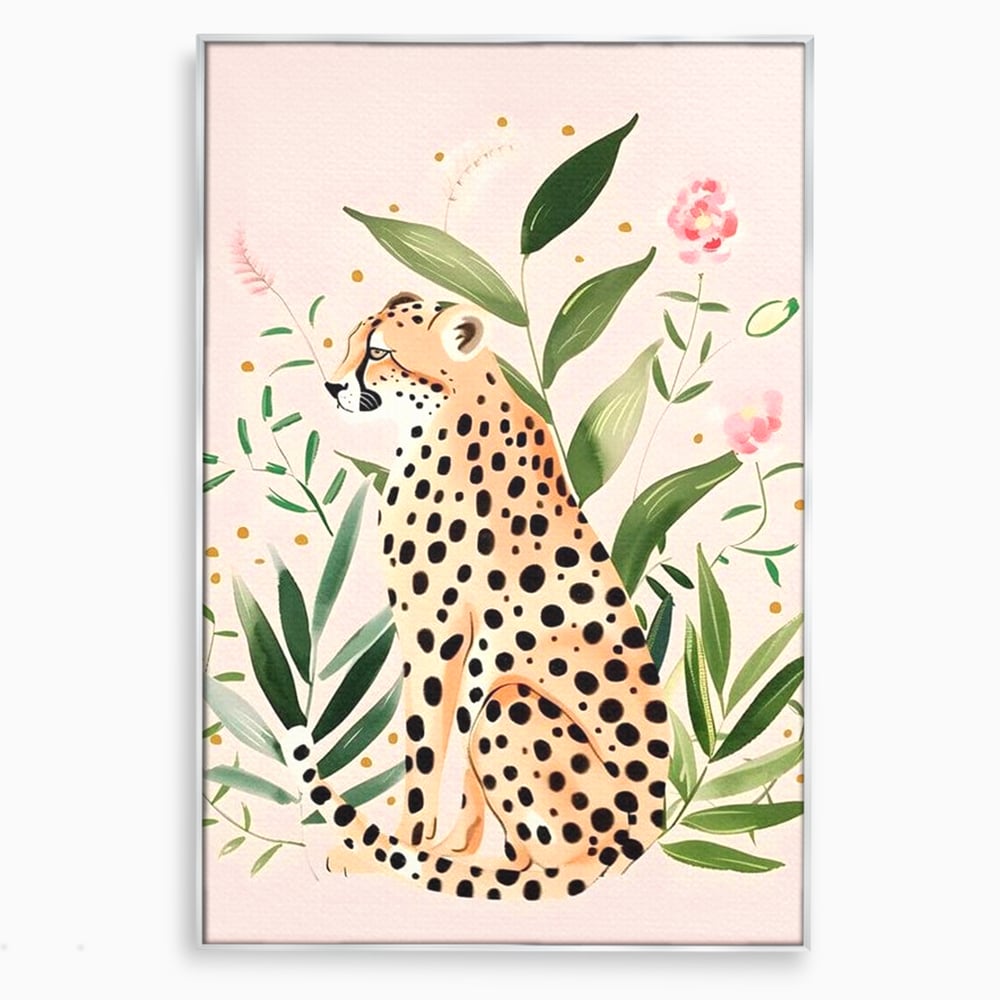 Tablou Canvas Premium, LuxCanva® M1491, Printre Petale si Vant, Leopard, Culori Pastelate, Eleganta, Tropical, Exotic, Jungla, Vegetatie, Dormitor, Birou, Living, Camera Copil