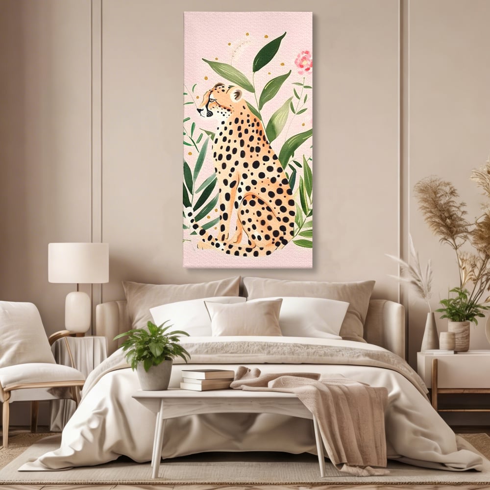Tablou Canvas Premium, LuxCanva® M1491, Printre Petale si Vant, Leopard, Culori Pastelate, Eleganta, Tropical, Exotic, Jungla, Vegetatie, Dormitor, Birou, Living, Camera Copil