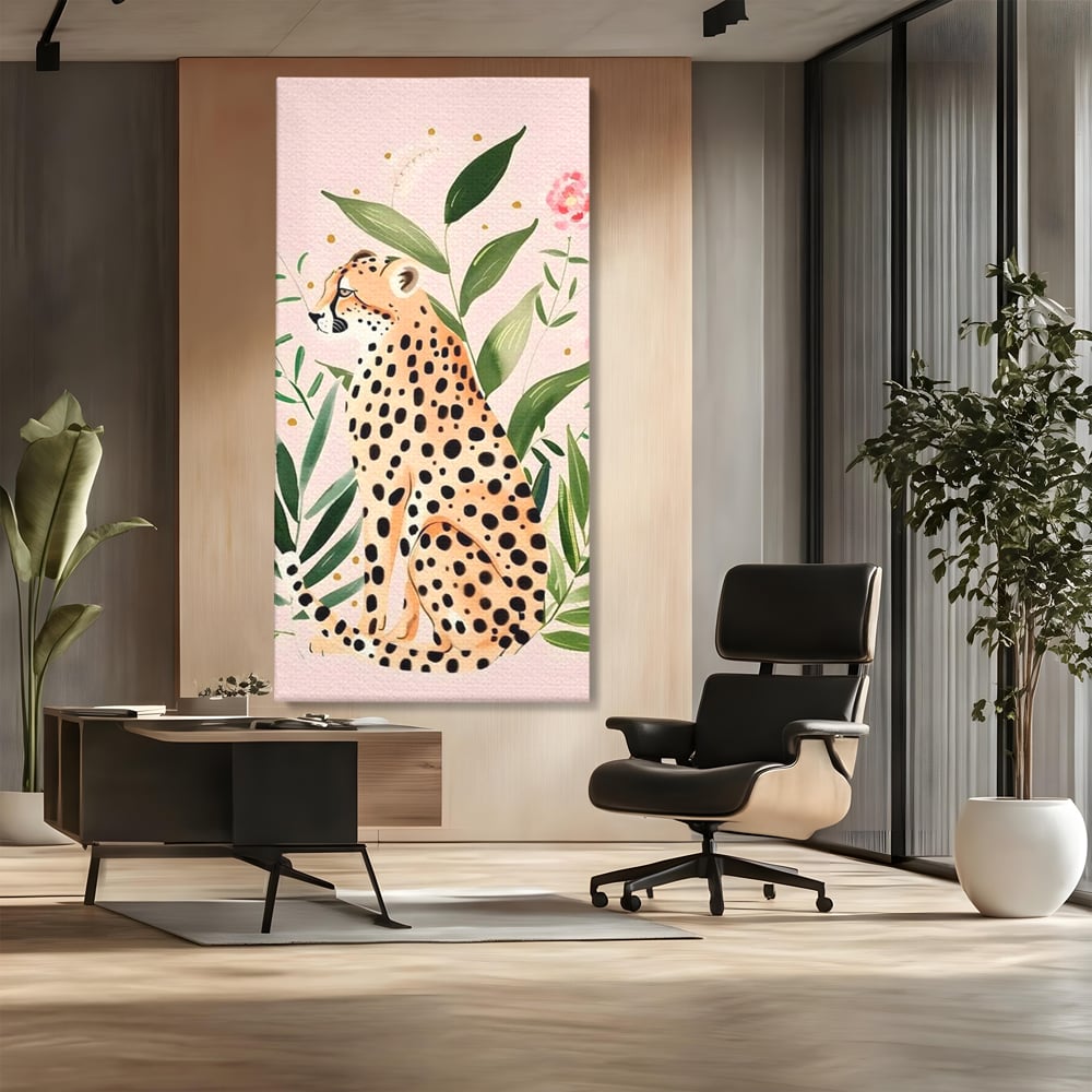 Tablou Canvas Premium, LuxCanva® M1491, Printre Petale si Vant, Leopard, Culori Pastelate, Eleganta, Tropical, Exotic, Jungla, Vegetatie, Dormitor, Birou, Living, Camera Copil