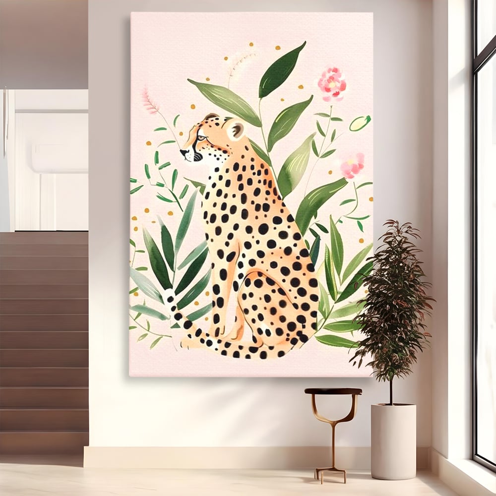 Tablou Canvas Premium, LuxCanva® M1491, Printre Petale si Vant, Leopard, Culori Pastelate, Eleganta, Tropical, Exotic, Jungla, Vegetatie, Dormitor, Birou, Living, Camera Copil