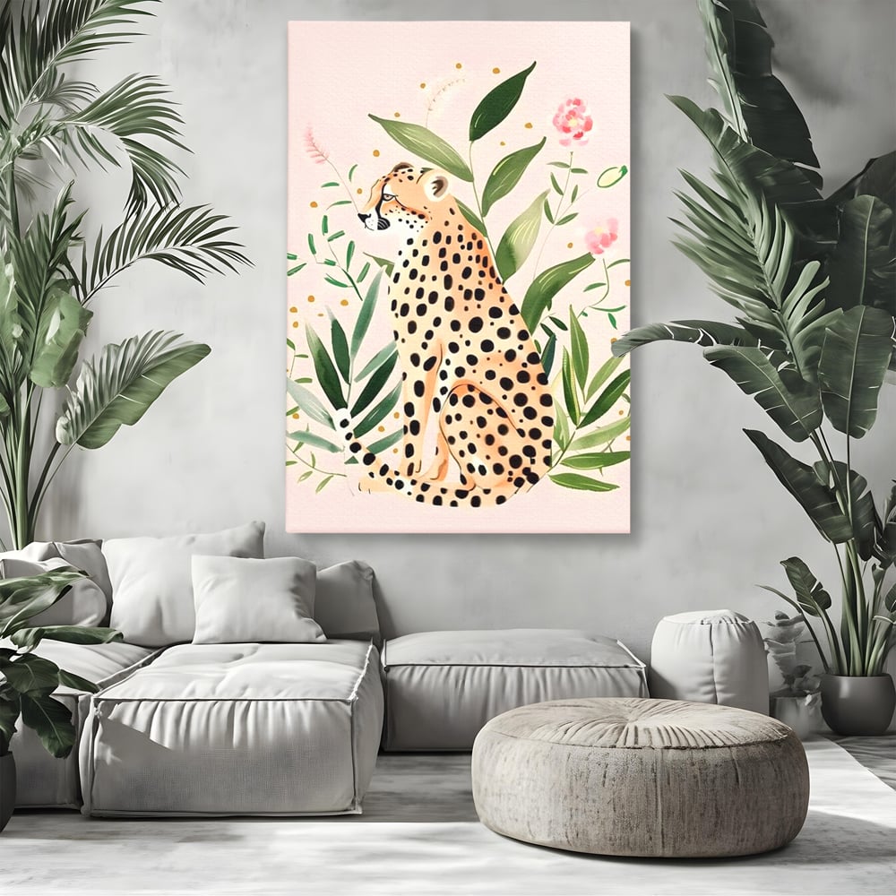 Tablou Canvas Premium, LuxCanva® M1491, Printre Petale si Vant, Leopard, Culori Pastelate, Eleganta, Tropical, Exotic, Jungla, Vegetatie, Dormitor, Birou, Living, Camera Copil