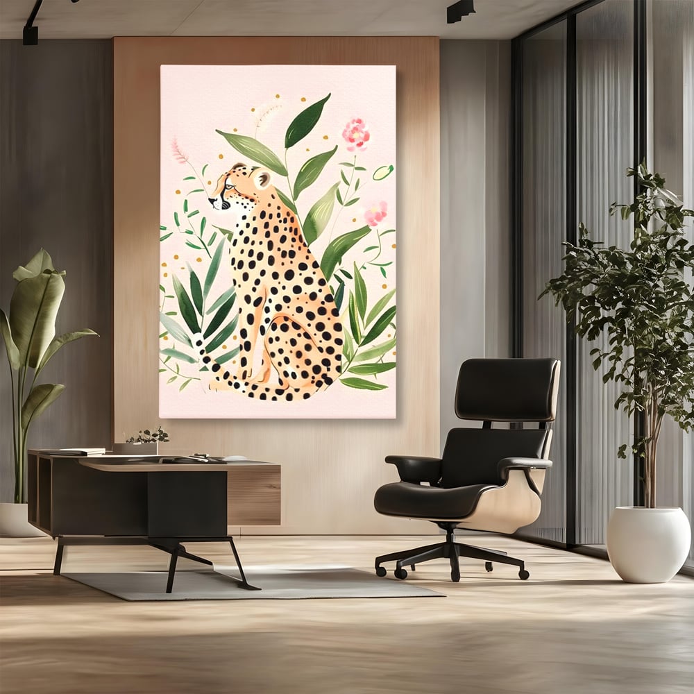 Tablou Canvas Premium, LuxCanva® M1491, Printre Petale si Vant, Leopard, Culori Pastelate, Eleganta, Tropical, Exotic, Jungla, Vegetatie, Dormitor, Birou, Living, Camera Copil