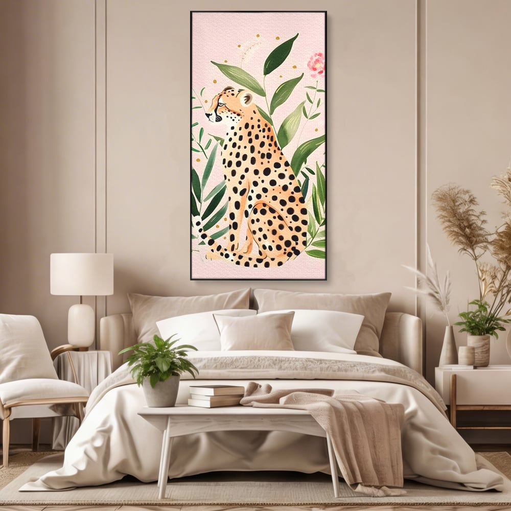 Tablou Canvas Premium, LuxCanva® M1491, Printre Petale si Vant, Leopard, Culori Pastelate, Eleganta, Tropical, Exotic, Jungla, Vegetatie, Dormitor, Birou, Living, Camera Copil