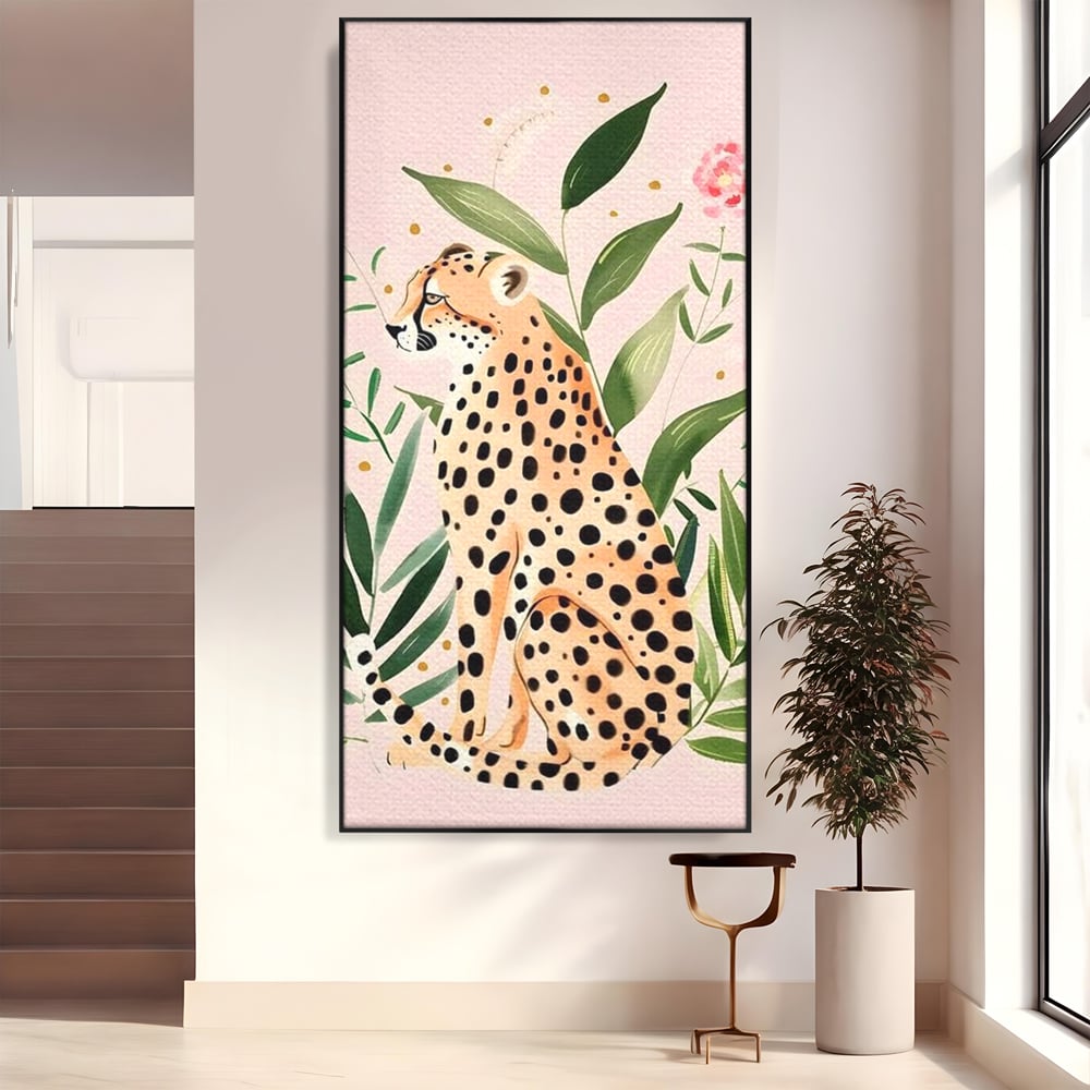 Tablou Canvas Premium, LuxCanva® M1491, Printre Petale si Vant, Leopard, Culori Pastelate, Eleganta, Tropical, Exotic, Jungla, Vegetatie, Dormitor, Birou, Living, Camera Copil