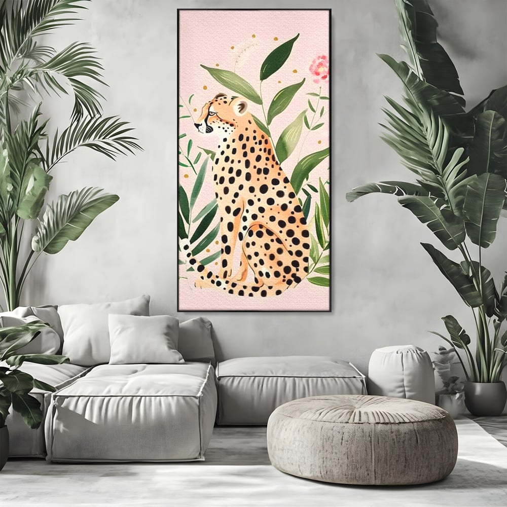 Tablou Canvas Premium, LuxCanva® M1491, Printre Petale si Vant, Leopard, Culori Pastelate, Eleganta, Tropical, Exotic, Jungla, Vegetatie, Dormitor, Birou, Living, Camera Copil