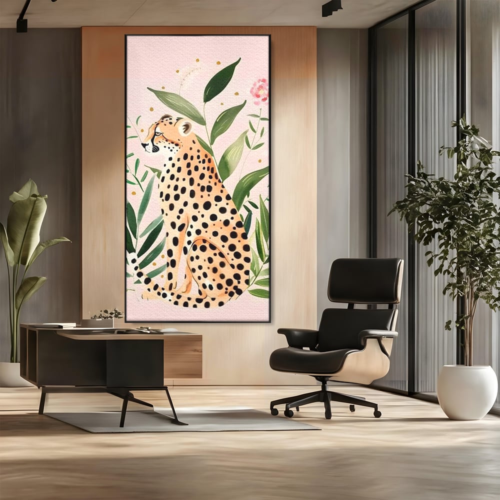 Tablou Canvas Premium, LuxCanva® M1491, Printre Petale si Vant, Leopard, Culori Pastelate, Eleganta, Tropical, Exotic, Jungla, Vegetatie, Dormitor, Birou, Living, Camera Copil