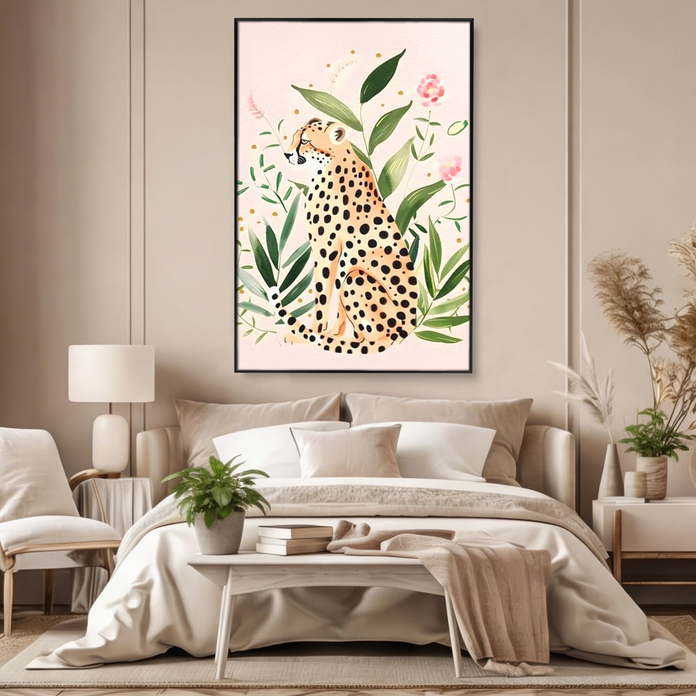 Tablou Canvas Premium, LuxCanva® M1491, Printre Petale si Vant, Leopard, Culori Pastelate, Eleganta, Tropical, Exotic, Jungla, Vegetatie, Dormitor, Birou, Living, Camera Copil