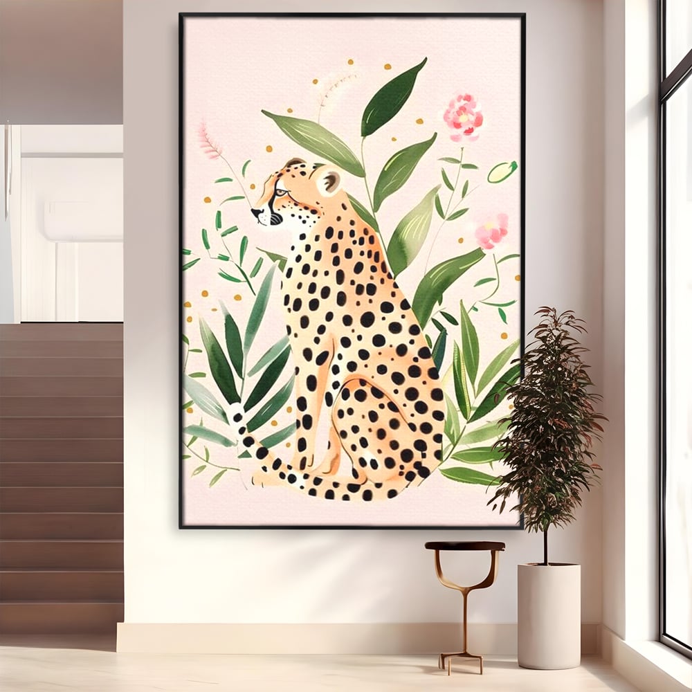 Tablou Canvas Premium, LuxCanva® M1491, Printre Petale si Vant, Leopard, Culori Pastelate, Eleganta, Tropical, Exotic, Jungla, Vegetatie, Dormitor, Birou, Living, Camera Copil