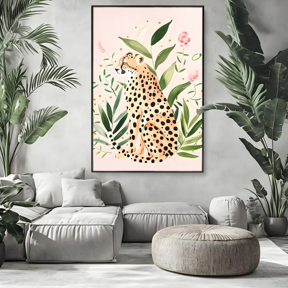 Tablou Canvas Premium, LuxCanva® M1491, Printre Petale si Vant, Leopard, Culori Pastelate, Eleganta, Tropical, Exotic, Jungla, Vegetatie, Dormitor, Birou, Living, Camera Copil
