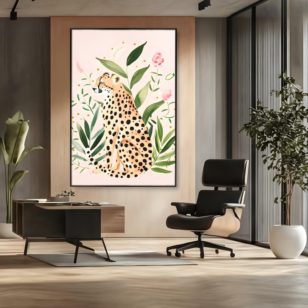 Tablou Canvas Premium, LuxCanva® M1491, Printre Petale si Vant, Leopard, Culori Pastelate, Eleganta, Tropical, Exotic, Jungla, Vegetatie, Dormitor, Birou, Living, Camera Copil