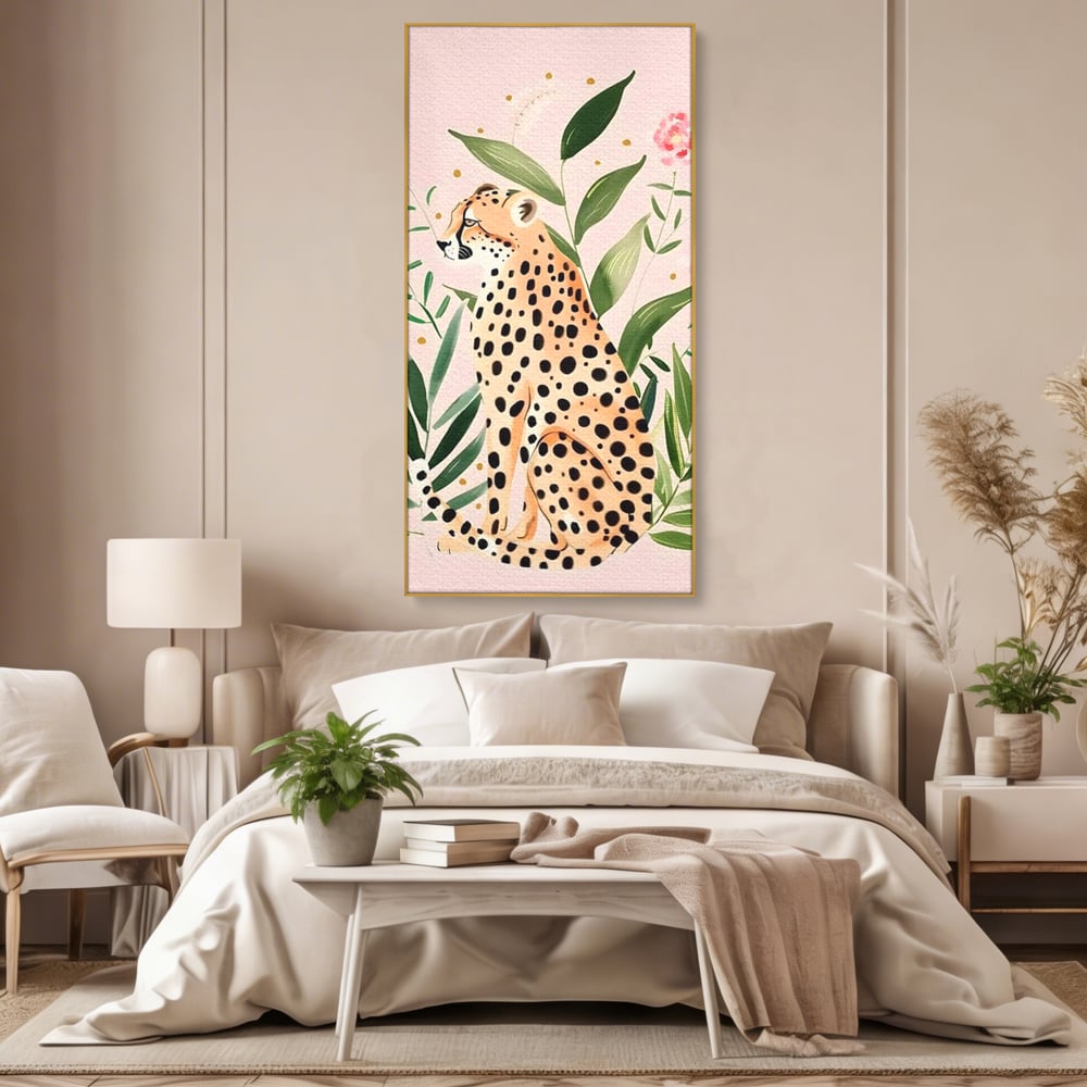 Tablou Canvas Premium, LuxCanva® M1491, Printre Petale si Vant, Leopard, Culori Pastelate, Eleganta, Tropical, Exotic, Jungla, Vegetatie, Dormitor, Birou, Living, Camera Copil