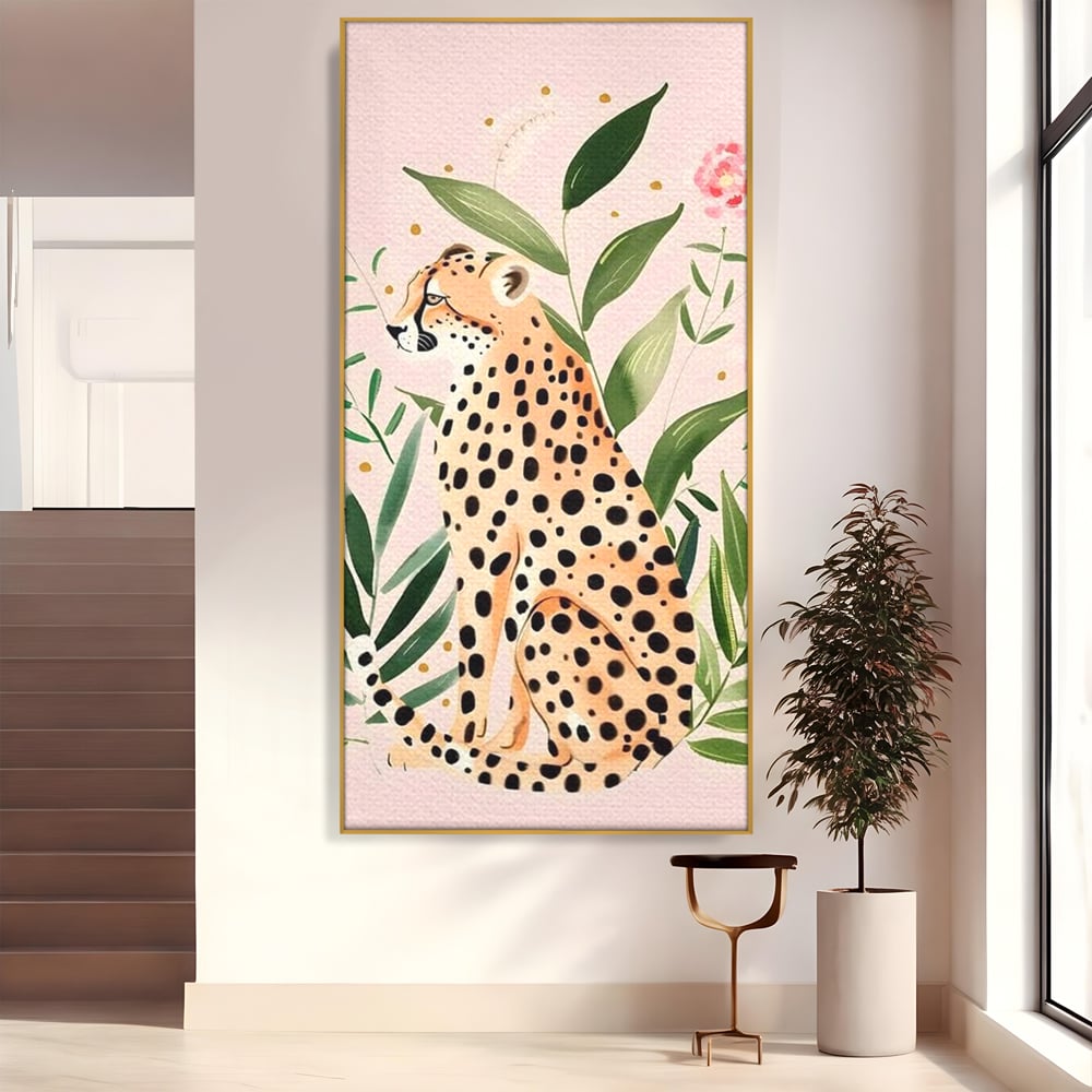 Tablou Canvas Premium, LuxCanva® M1491, Printre Petale si Vant, Leopard, Culori Pastelate, Eleganta, Tropical, Exotic, Jungla, Vegetatie, Dormitor, Birou, Living, Camera Copil