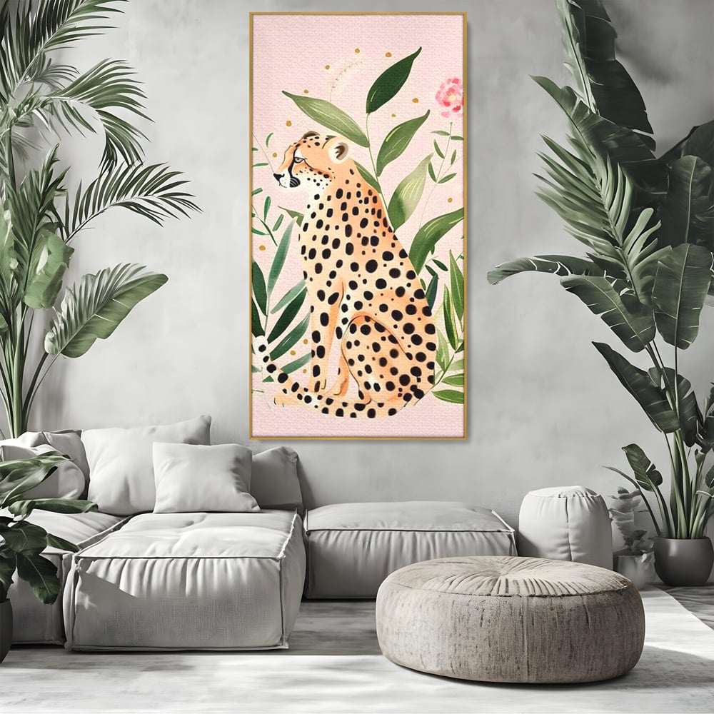Tablou Canvas Premium, LuxCanva® M1491, Printre Petale si Vant, Leopard, Culori Pastelate, Eleganta, Tropical, Exotic, Jungla, Vegetatie, Dormitor, Birou, Living, Camera Copil