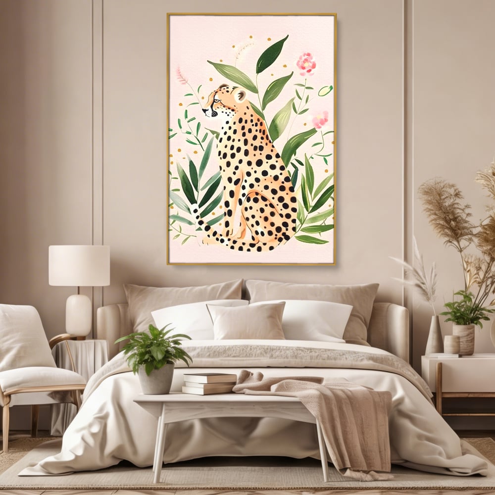 Tablou Canvas Premium, LuxCanva® M1491, Printre Petale si Vant, Leopard, Culori Pastelate, Eleganta, Tropical, Exotic, Jungla, Vegetatie, Dormitor, Birou, Living, Camera Copil