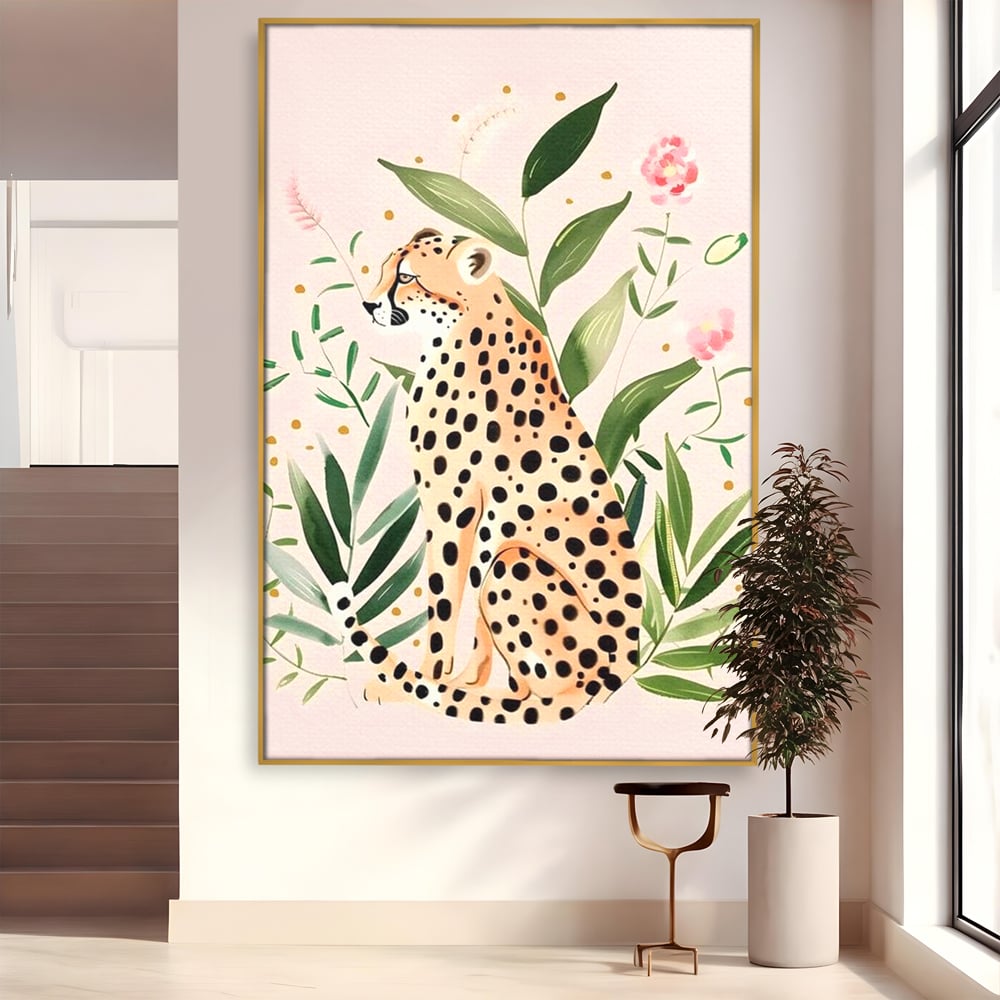 Tablou Canvas Premium, LuxCanva® M1491, Printre Petale si Vant, Leopard, Culori Pastelate, Eleganta, Tropical, Exotic, Jungla, Vegetatie, Dormitor, Birou, Living, Camera Copil