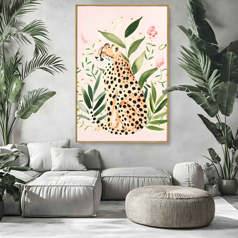 Tablou Canvas Premium, LuxCanva® M1491, Printre Petale si Vant, Leopard, Culori Pastelate, Eleganta, Tropical, Exotic, Jungla, Vegetatie, Dormitor, Birou, Living, Camera Copil