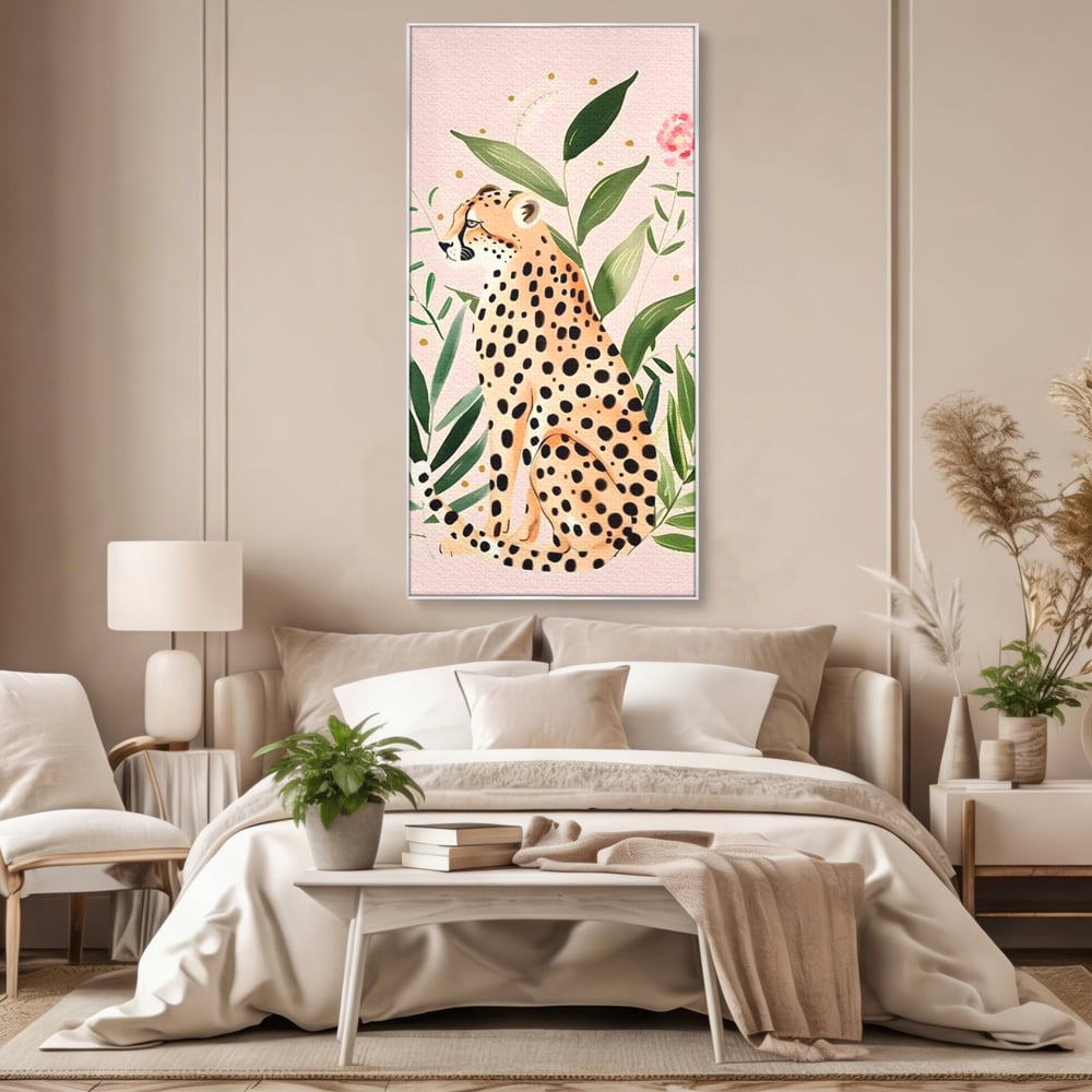 Tablou Canvas Premium, LuxCanva® M1491, Printre Petale si Vant, Leopard, Culori Pastelate, Eleganta, Tropical, Exotic, Jungla, Vegetatie, Dormitor, Birou, Living, Camera Copil
