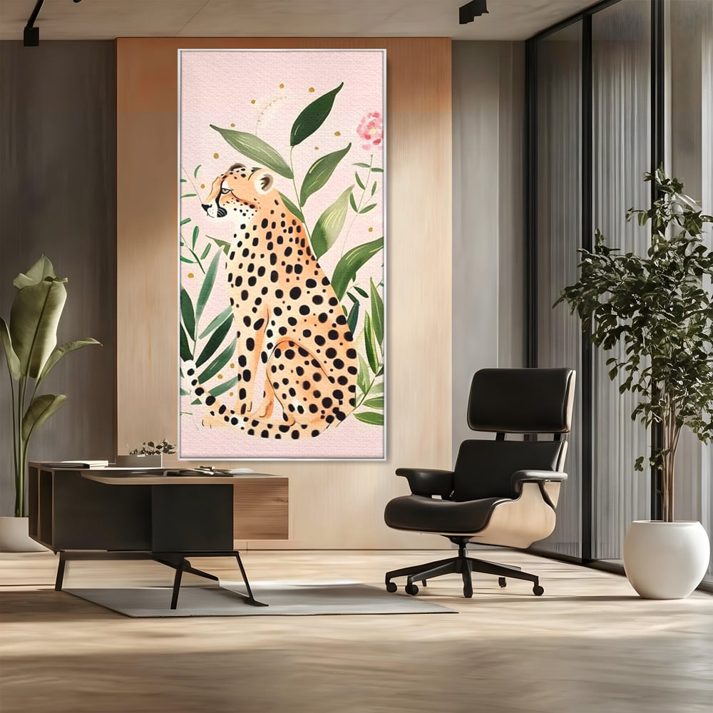 Tablou Canvas Premium, LuxCanva® M1491, Printre Petale si Vant, Leopard, Culori Pastelate, Eleganta, Tropical, Exotic, Jungla, Vegetatie, Dormitor, Birou, Living, Camera Copil