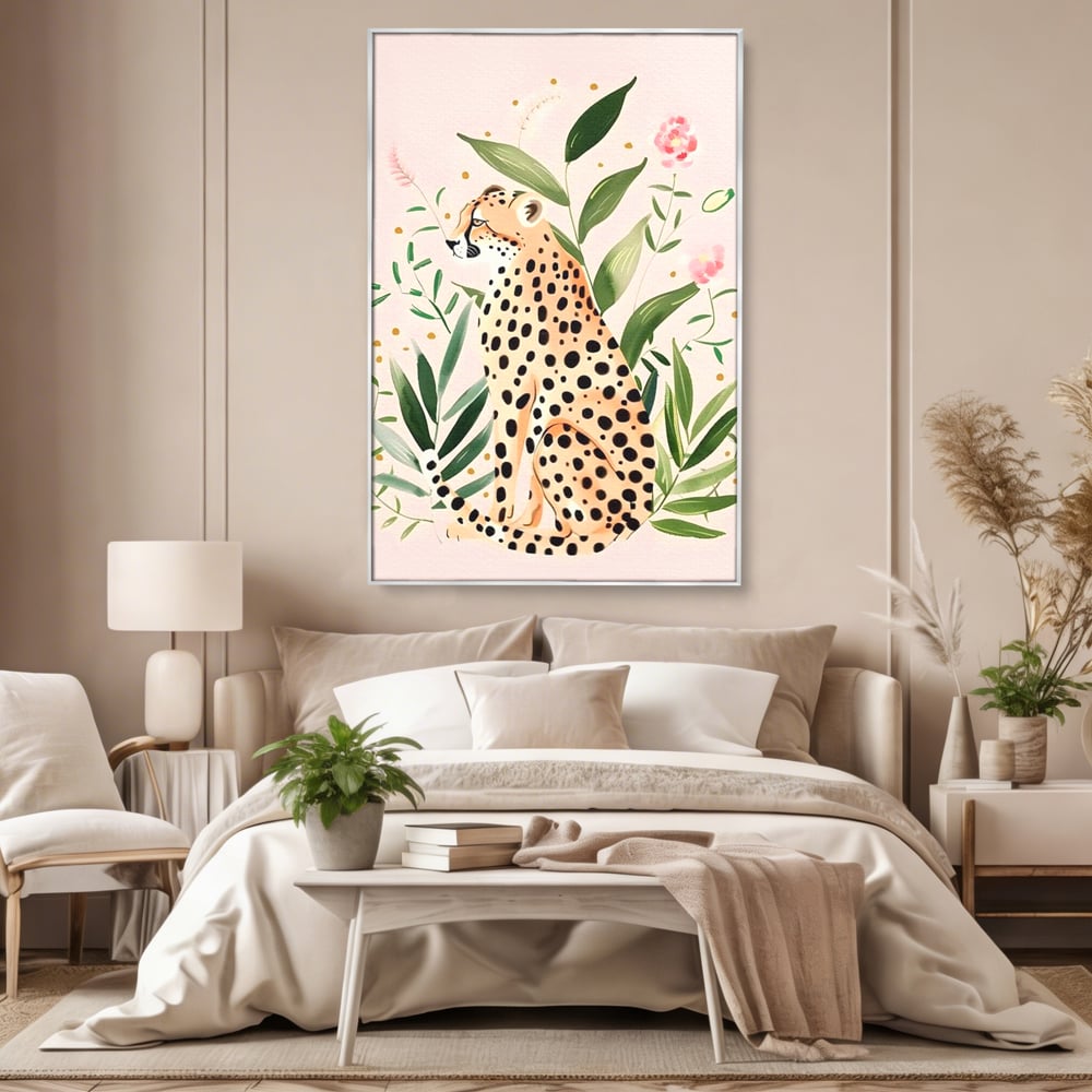 Tablou Canvas Premium, LuxCanva® M1491, Printre Petale si Vant, Leopard, Culori Pastelate, Eleganta, Tropical, Exotic, Jungla, Vegetatie, Dormitor, Birou, Living, Camera Copil