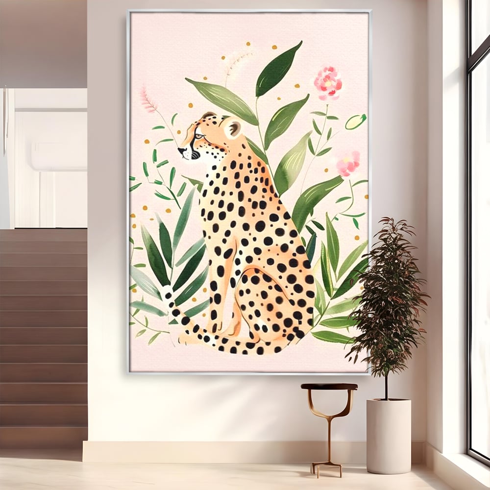 Tablou Canvas Premium, LuxCanva® M1491, Printre Petale si Vant, Leopard, Culori Pastelate, Eleganta, Tropical, Exotic, Jungla, Vegetatie, Dormitor, Birou, Living, Camera Copil