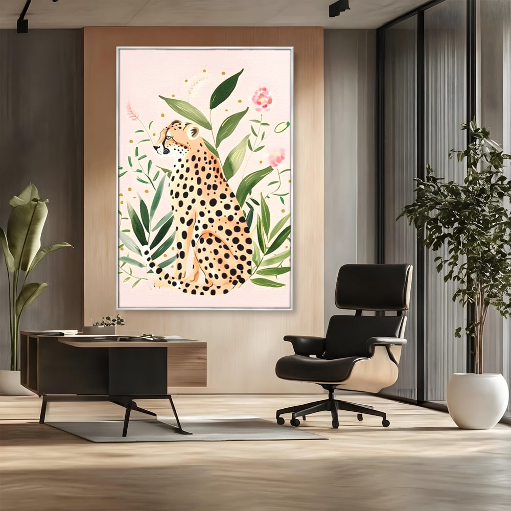 Tablou Canvas Premium, LuxCanva® M1491, Printre Petale si Vant, Leopard, Culori Pastelate, Eleganta, Tropical, Exotic, Jungla, Vegetatie, Dormitor, Birou, Living, Camera Copil