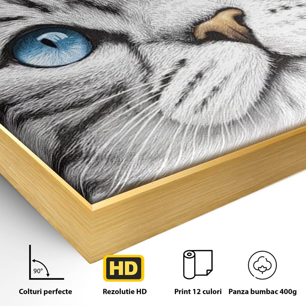 Tablou Canvas Premium, LuxCanva® M1493, Sub Cerul Parisului, Pisica, Felina, Ochi Albastri, Paris, Turnul Eiffel, Auriu, Elegant, Dormitor, Birou, Living, Camera Copil